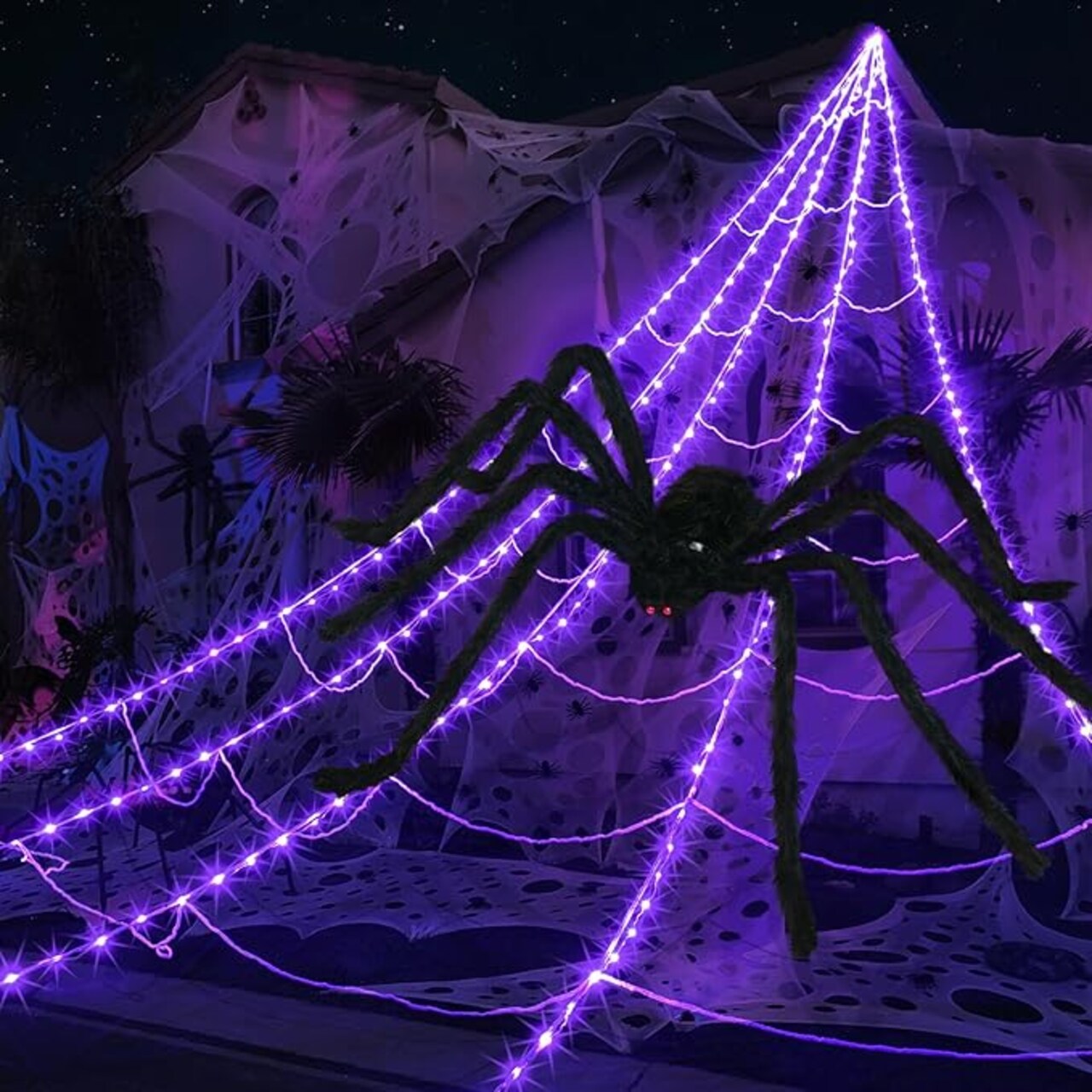 Spider Webs Halloween Decorations Outdoor 290 LED Halloween Spider Web Lights Decoration with 78.7" Large Spider & 3.53 oz Stretch Cobweb 23 Ft Giant Lighted Web with 8 Modes (Purple)